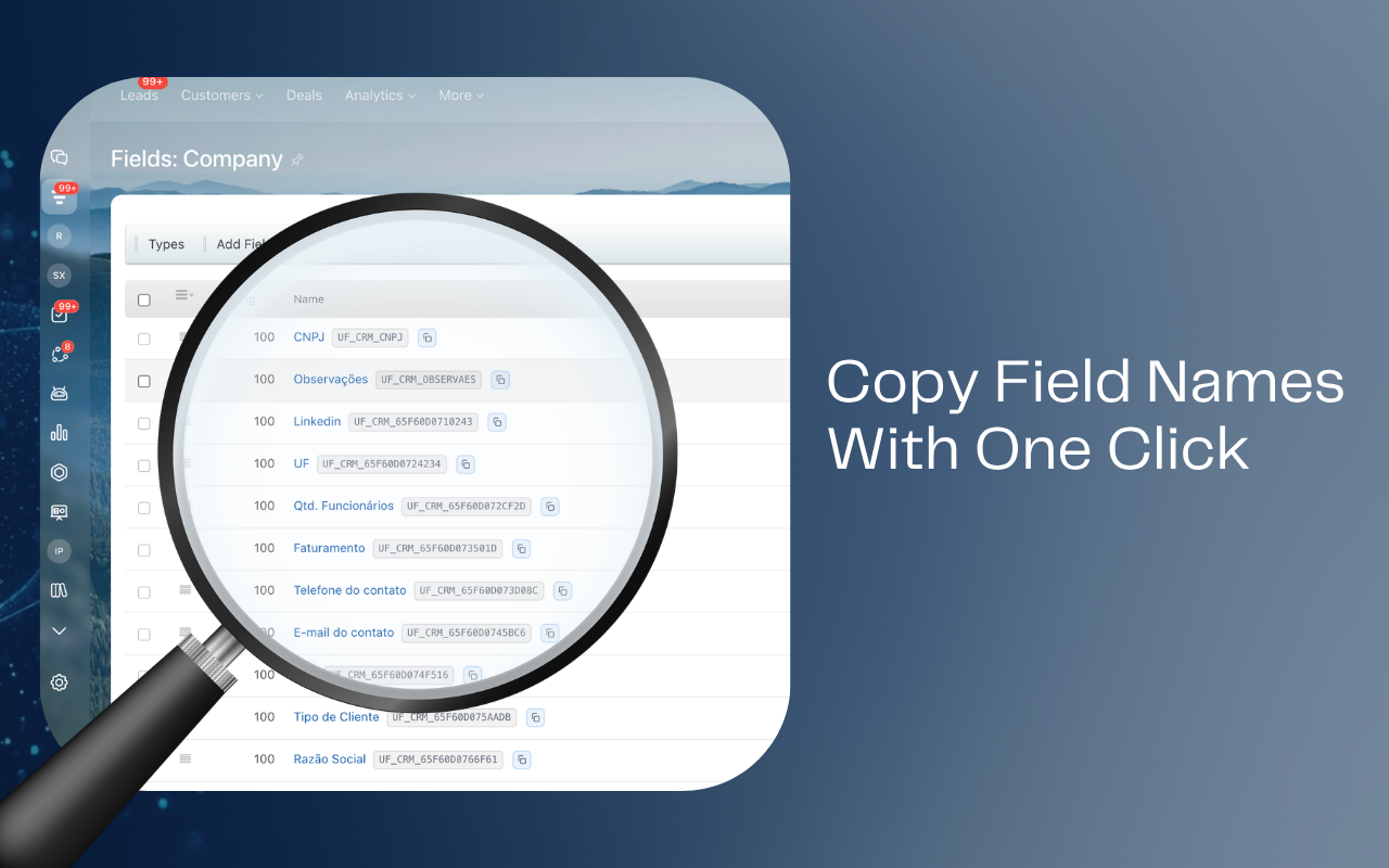 Recurso de copiar o código do campo personalizado direto da tela de configuração do CRM, com uma lupa em destaque sobre a coluna de códigos.