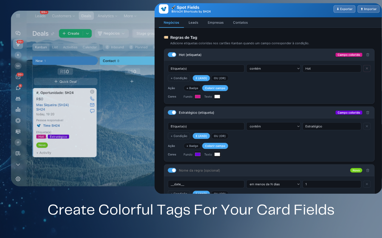 Editor de regras do Kanban Enhancer, colorindo cartões do funil de negócios por condição de campo.