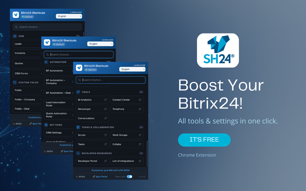 Painel de atalhos da extensão aberto sobre o Bitrix24, com CRM, Automações e Ferramentas organizados por categoria.