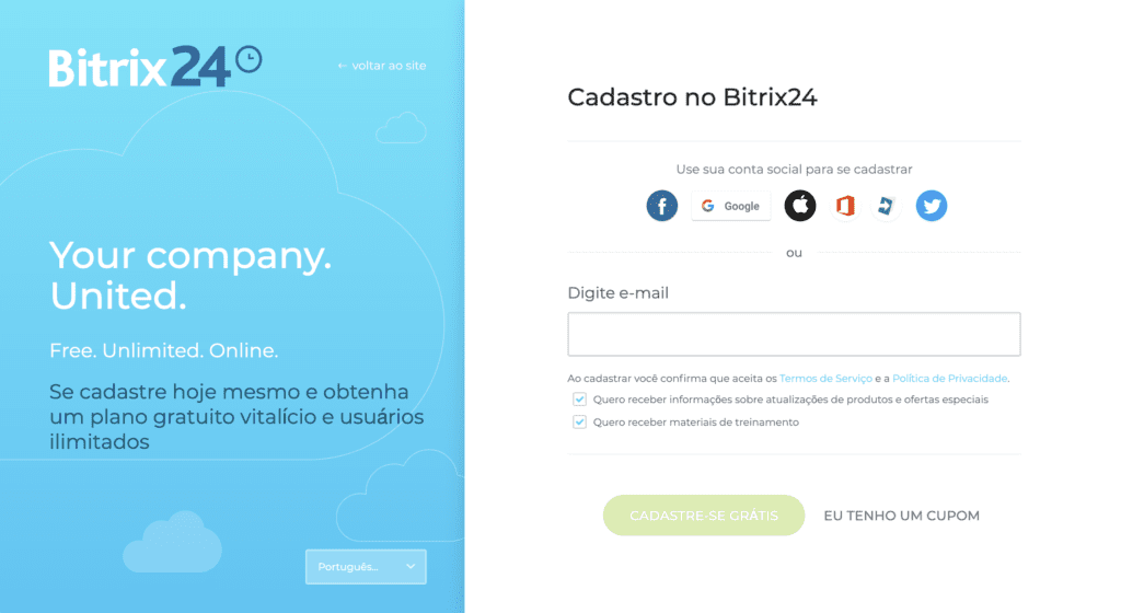 Como criar a sua conta Bitrix24 com plano grátis e usuários ilimitados