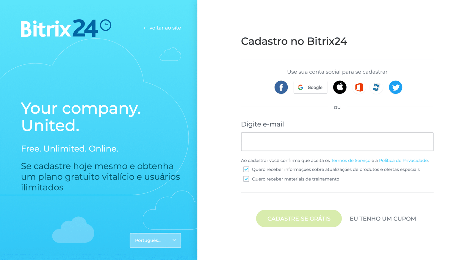 Como criar a sua conta Bitrix24 com plano grátis e usuários ilimitados