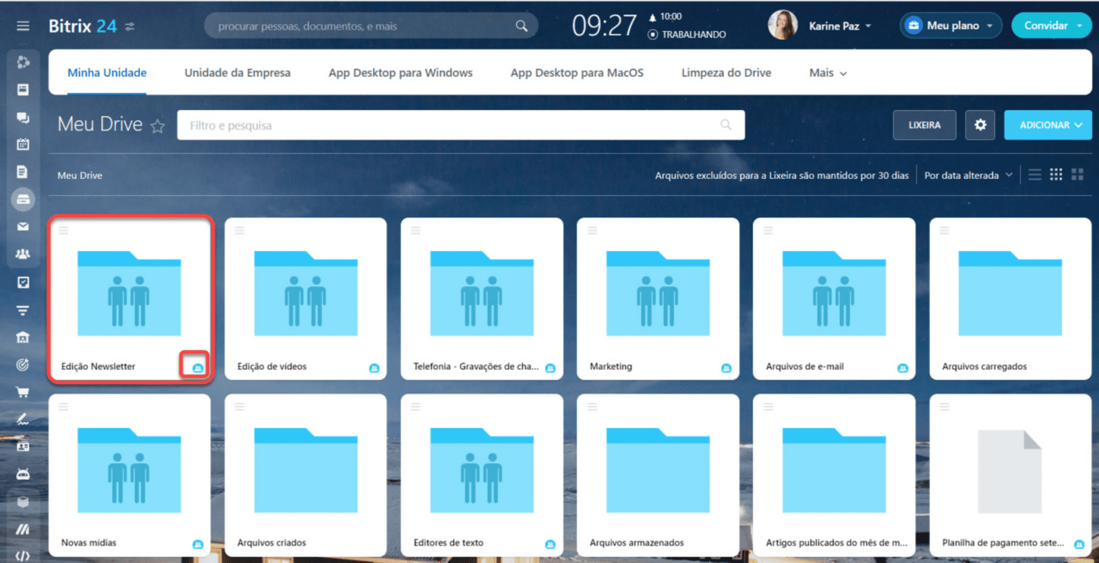 Crie pastas, faça compartilhamentos, conecte sua pasta local para sincronizar automaticamente seus arquivos locais com o Bitrix24, tendo assim backup e disponibilidade online.