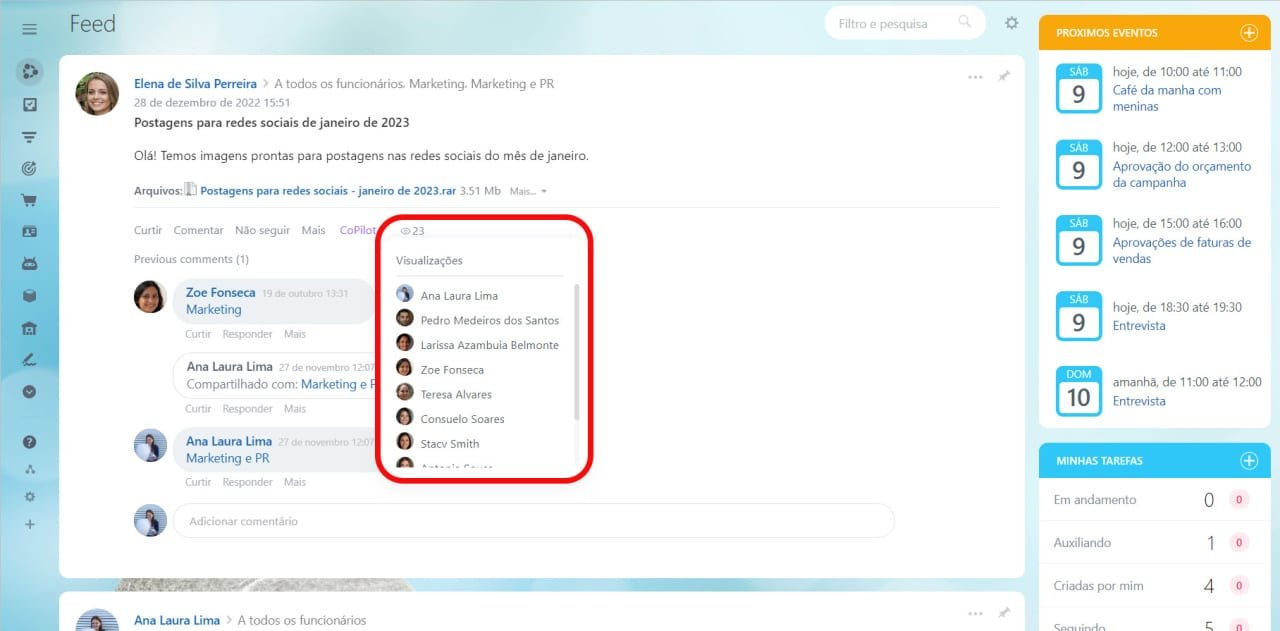 Suas equipes poderão postar notícias e informações relevantes para todos, para um departamento ou para pessoas específicas